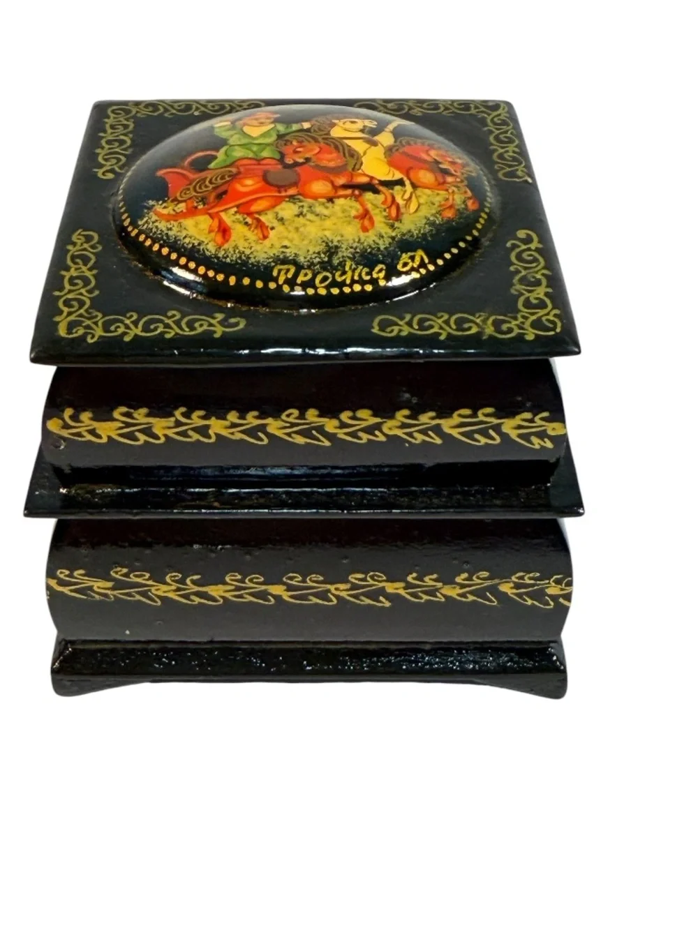 Vintage Russian Lacquer Double Box Double Deck Trinket/Jewelry Box Signed